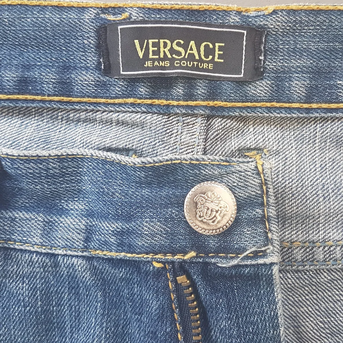Versace Retro VERSACE Couture Denim Jeans, Made in ITALY, Haute Couture, Exquisite Patchwork, Medusa Logo, Bootcut Jeans, Gianni Versace Flare Bottoms, Luxury Living, ITALIAN Designer Wear, Distressed Look, Nostalgic, Vintage Pants, Timeless Classic - Photo 10