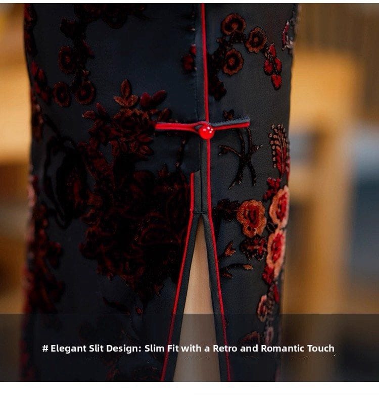 Elegant Black Red Retro Floral Cheongsam Dress - Photo 8