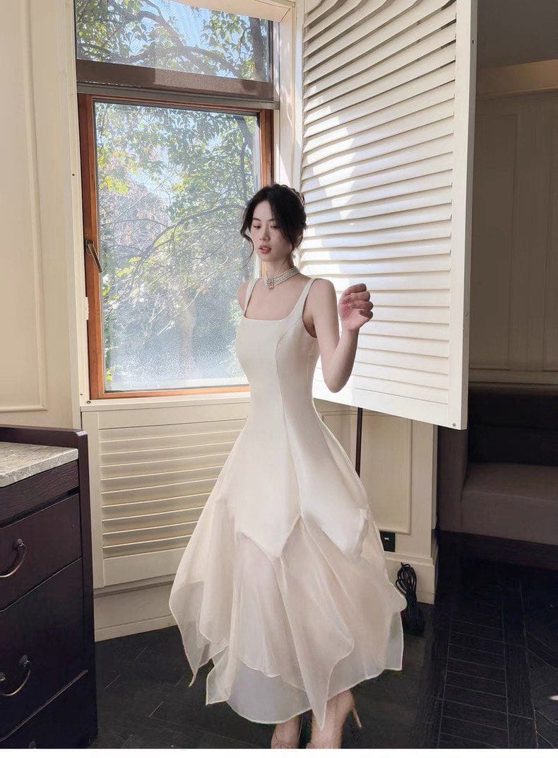 GJFD French Dress Slim Fit Patchwork Mesh Gown Square Neck - Photo 2