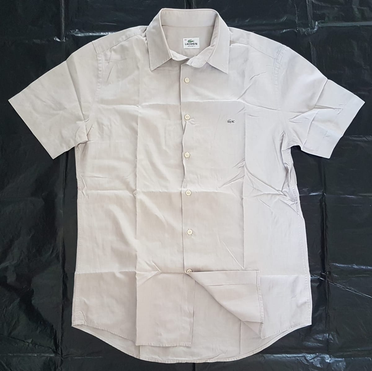 Original LACOSTE Smart Shirt, Classic Gray Top, Lacoste Logo, Cosmopolitan, Paris, FRANCE, Size 40 MEDIUM, Sleek 7 Buttons Short Sleeve Shirt, Luxury Lifestyle, Timeless Appeal, Urban Style, Sophistication, Streetwise, Pop Culture, Perfect for Everyday Fashion