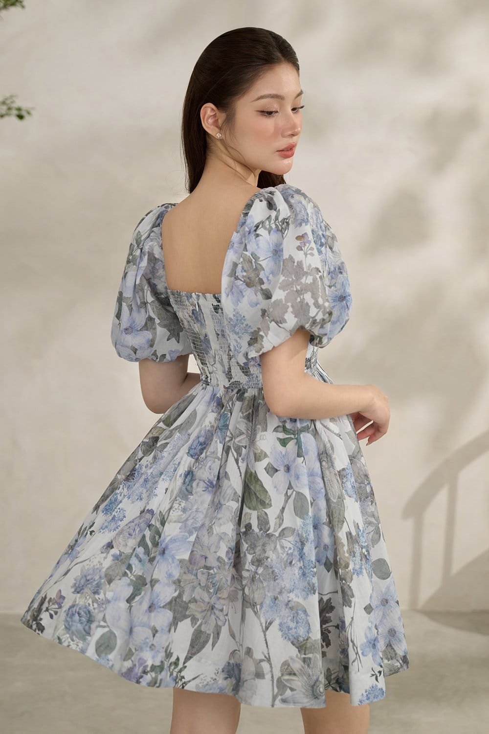 Chello Haven Puff Dreamy Mini Dress in Blue Enchanted Blooms,  - Photo 3