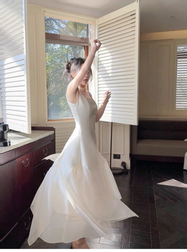 GJFD French Dress Slim Fit Patchwork Mesh Gown Square Neck - Photo 3