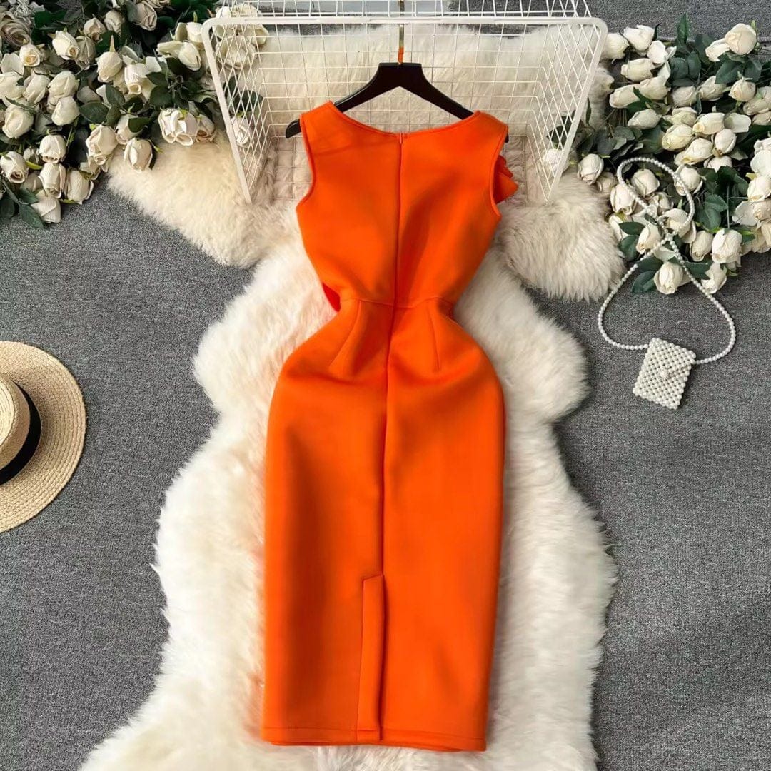 French Elegant Chic Orange A-Line Party Dress 3D Flowers - Photo 2