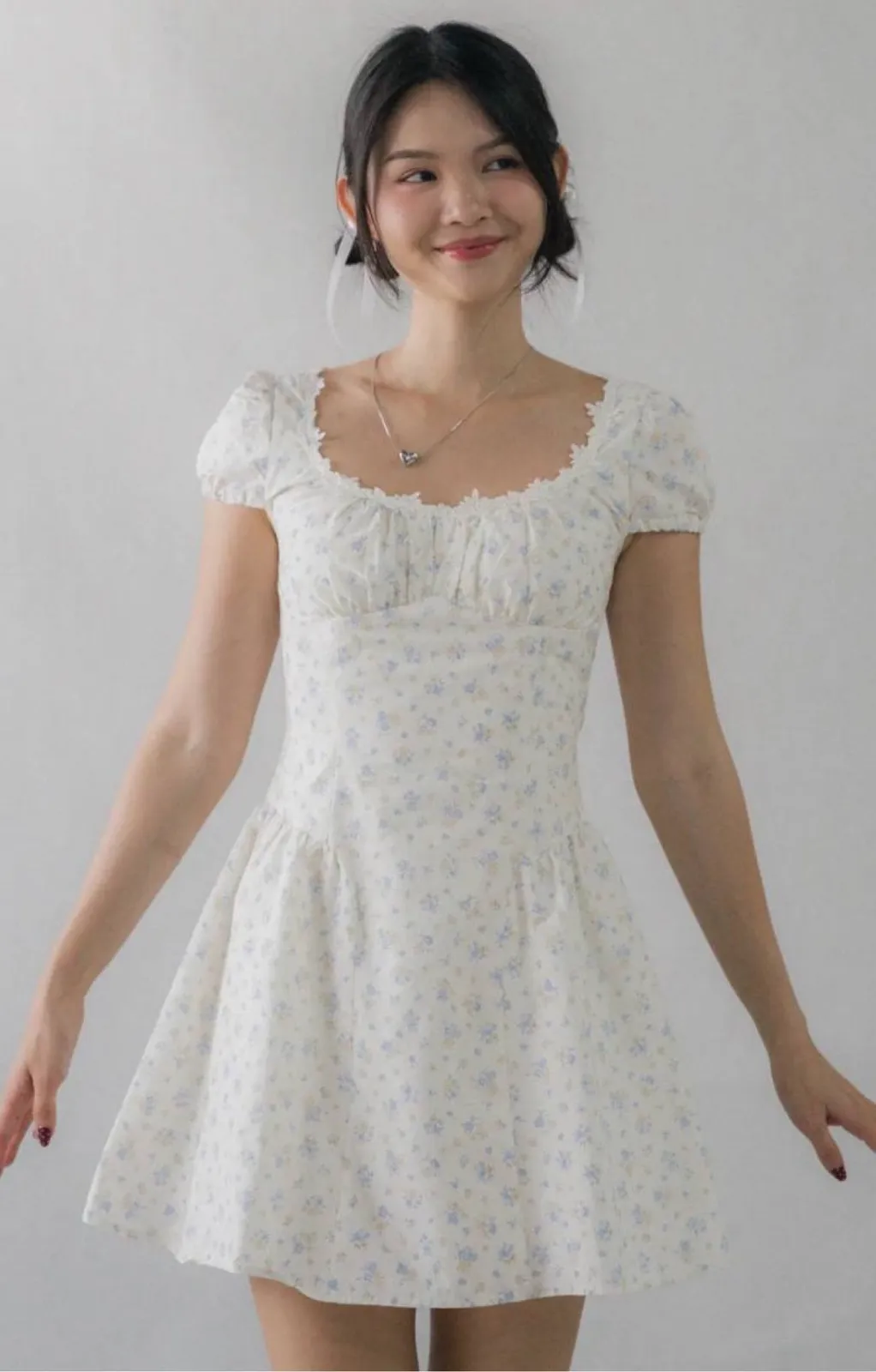 [COL YORI] Tasha Floral Drop Waist Mini Romper Dress in Blue Florals