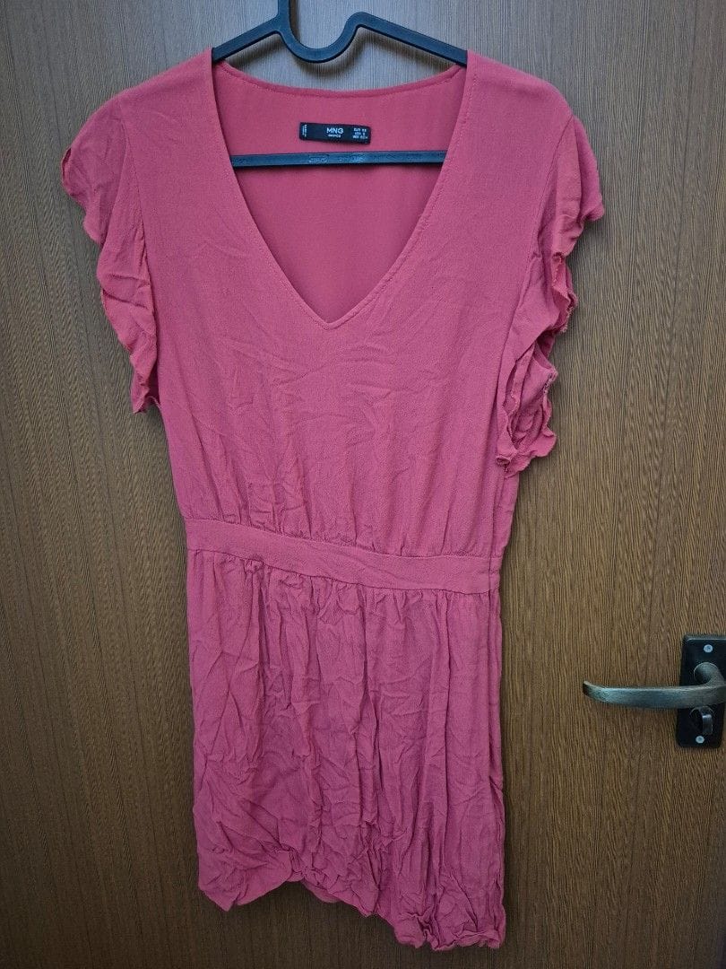 Mango Coral V-Neck Ruffle Dress - XS