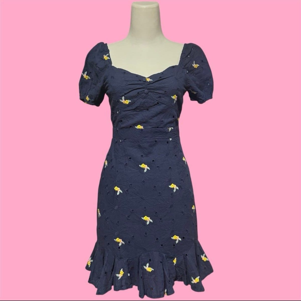 Floral Eyelet Navy Dress with Ruffle Hem