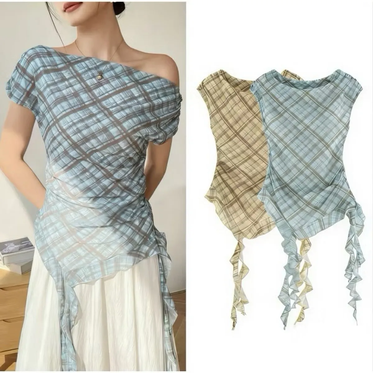 Plaid Asymmetrical Off Shoulder Top - Photo 2