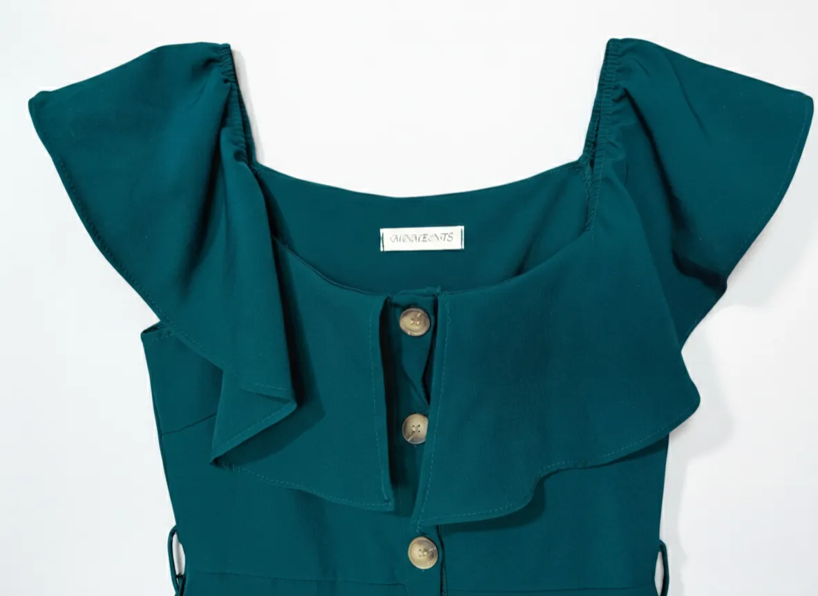 NA Emerald Green Off Shoulder Button Down A-line Long Midi Flare Dress - Photo 3