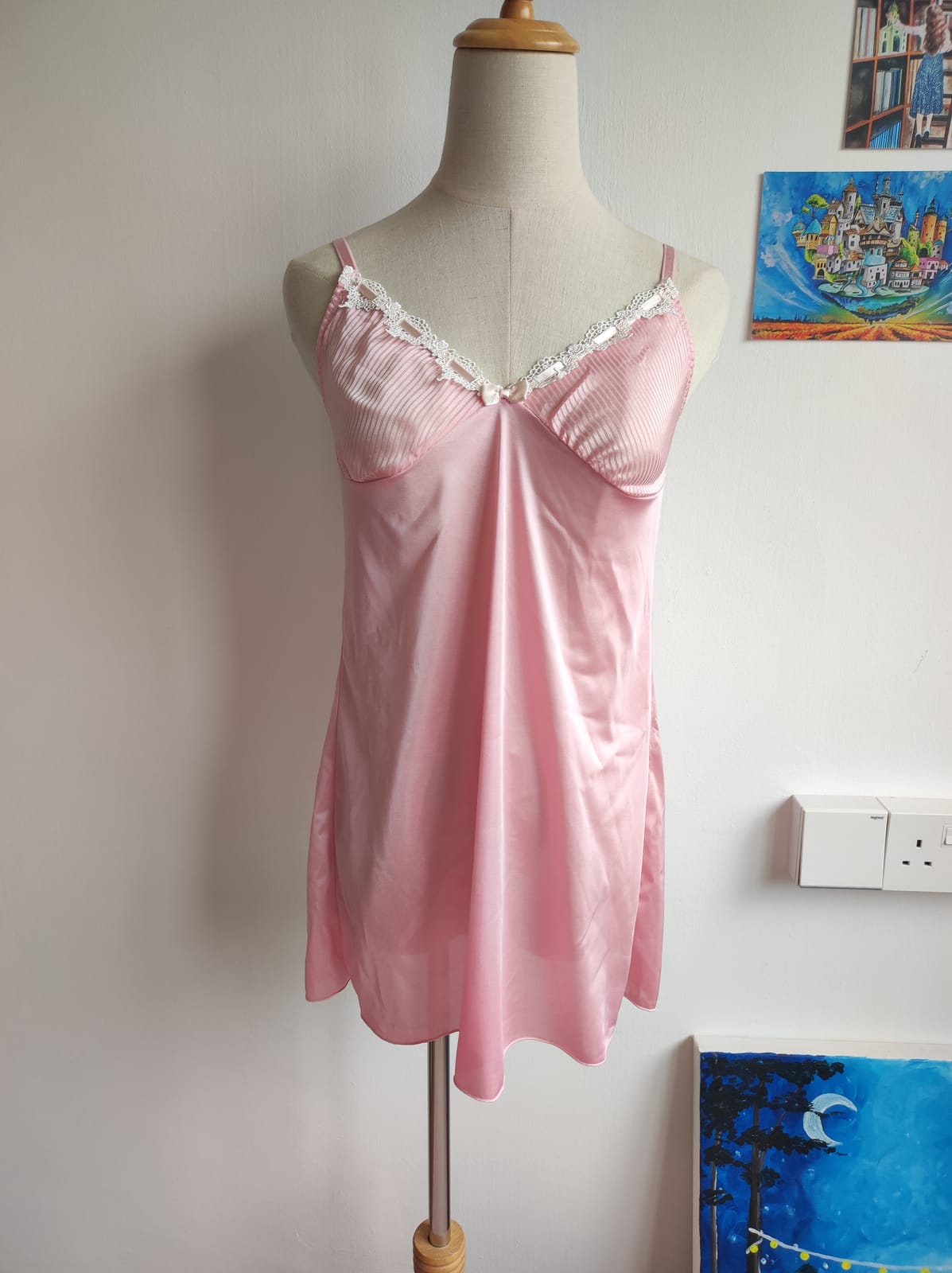 Soft Pink Satin Nightdress with Lace Trim