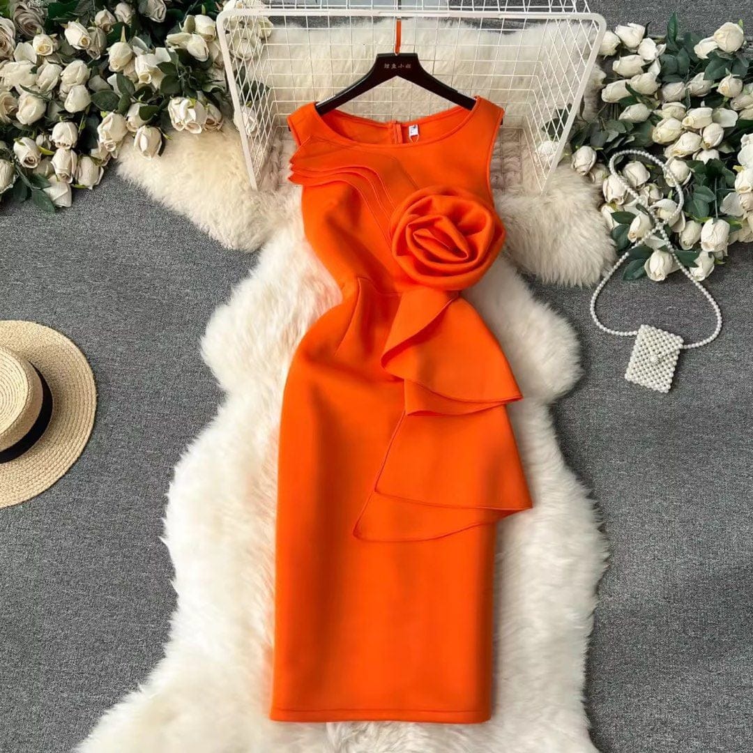 French Elegant Chic Orange A-Line Party Dress 3D Flowers