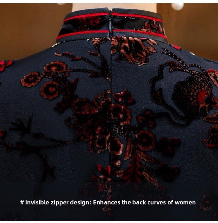 Elegant Black Red Retro Floral Cheongsam Dress - Photo 7