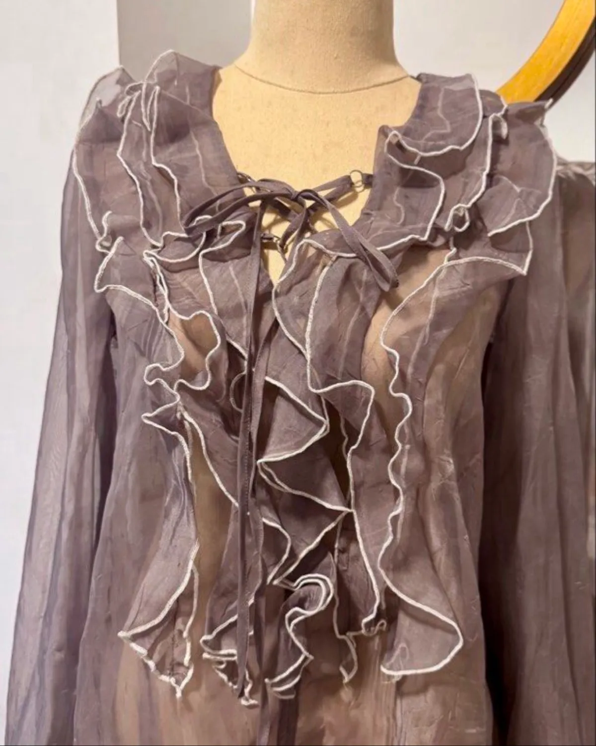 Sheer Mauve Ruffle Blouse with Tie Front