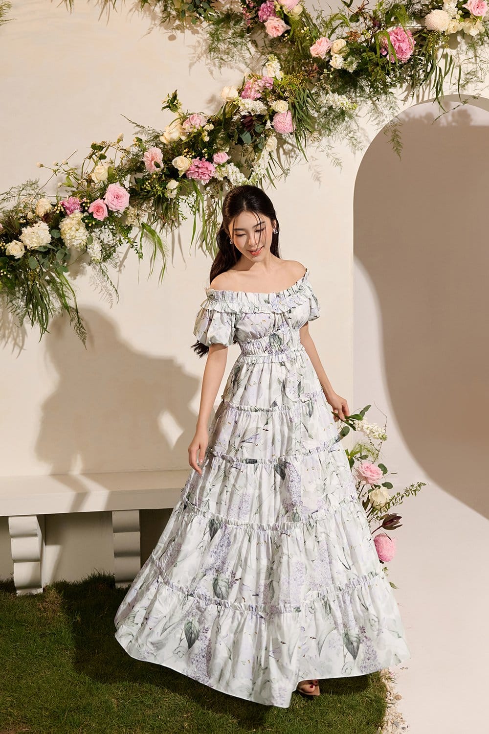 Chello Violette Off Shoulder Maxi Dress in White Whispering Lilac Grove - Photo 2