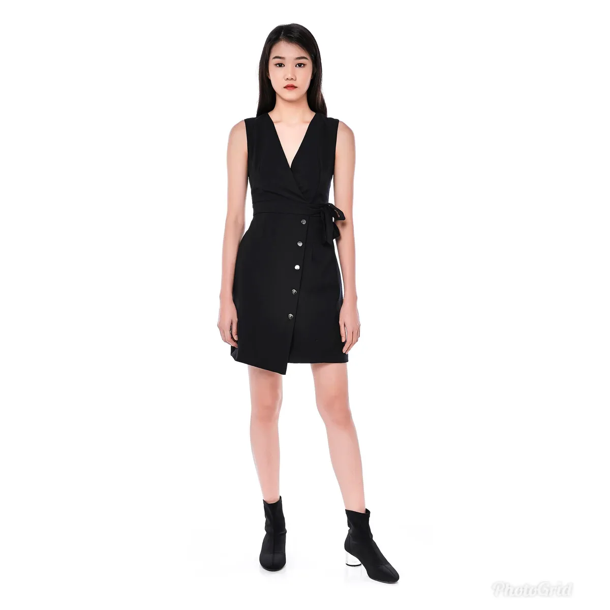 The Editor's Market TEM The Editor's Market Morsana Overlap Wrap Dress with Buttons in Black
