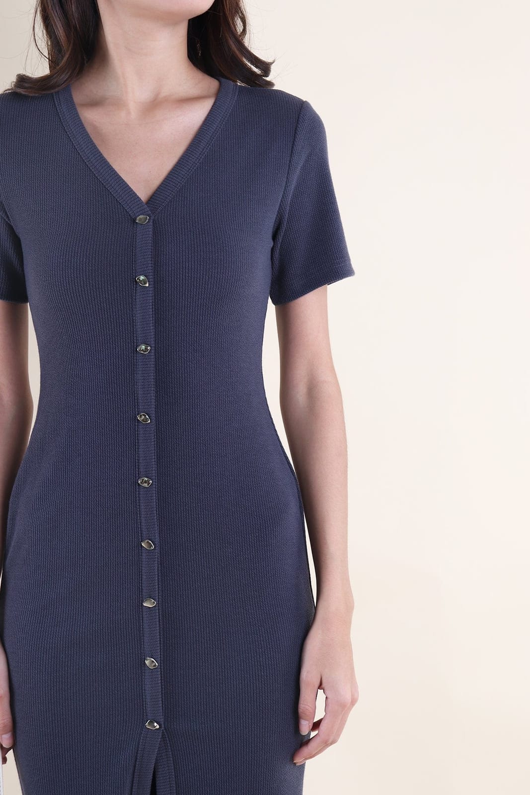 Neonmello Hendric Ribbed Button Midaxi - Steel Blue - Photo 4