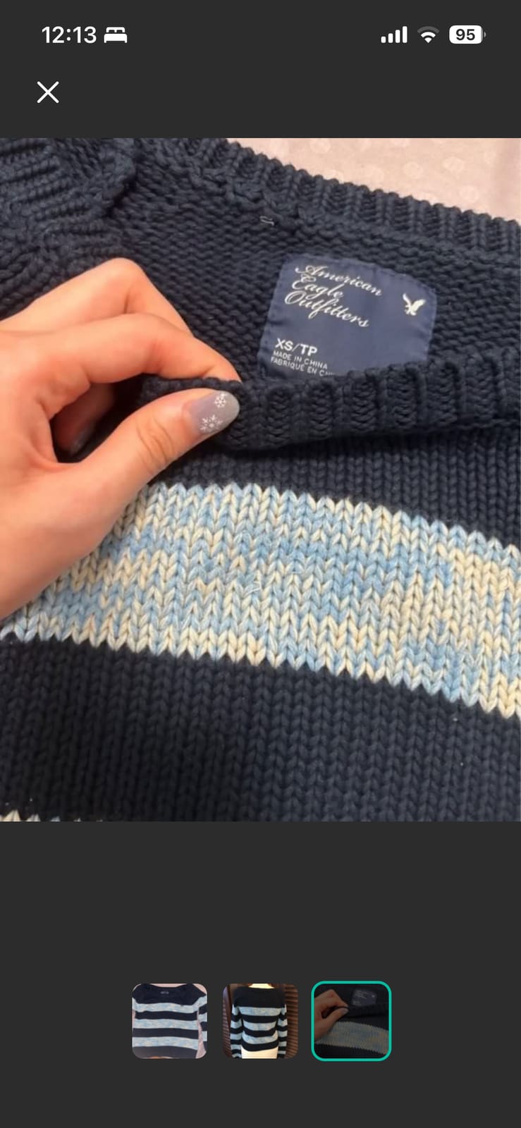 American Eagle Navy Striped Knit Off-Shoulder Sweater (American Eagle, XS) - Photo 2