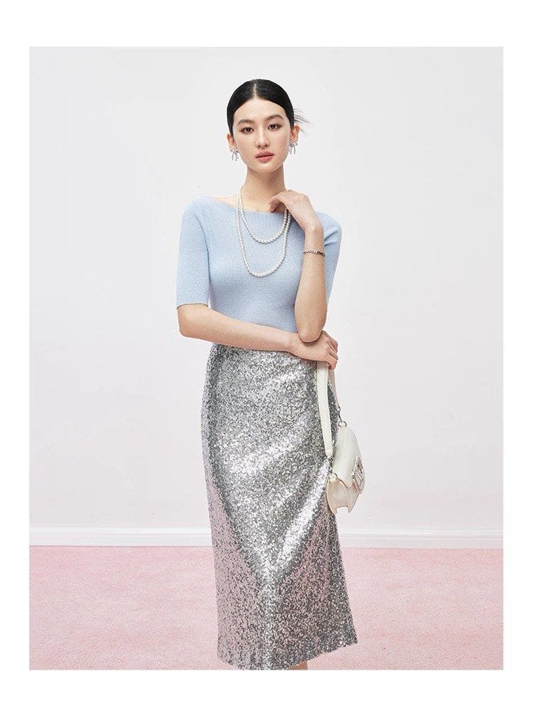 Mandy Zhang Sequined Skirt with High Waist and Hip Covering