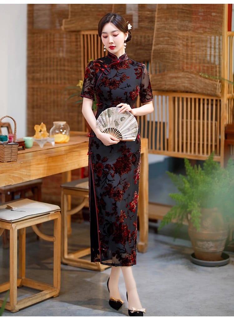 Elegant Black Red Retro Floral Cheongsam Dress - Photo 3