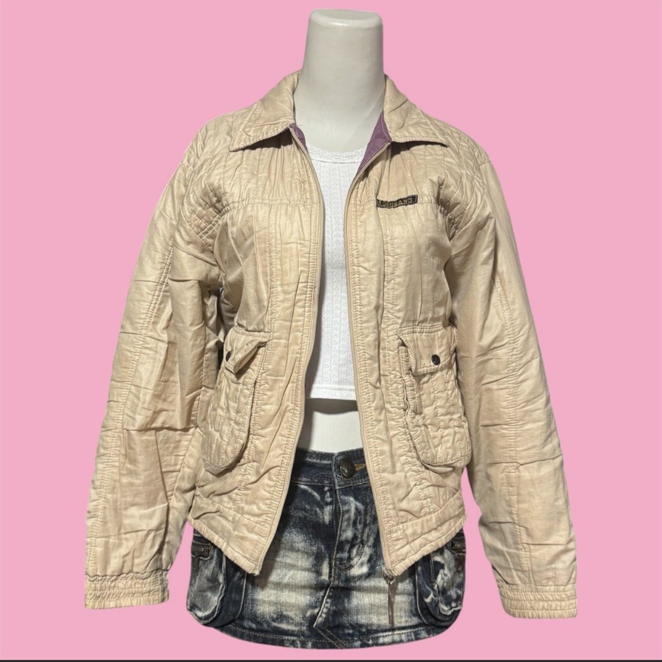 vintage beige khaki bomber puffer jacket with purple lining