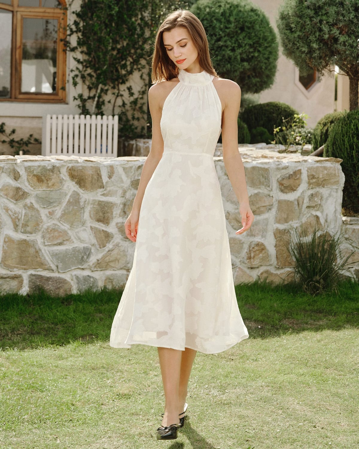 BNWT Rihoas Beige Halter Floral Midi Dress
