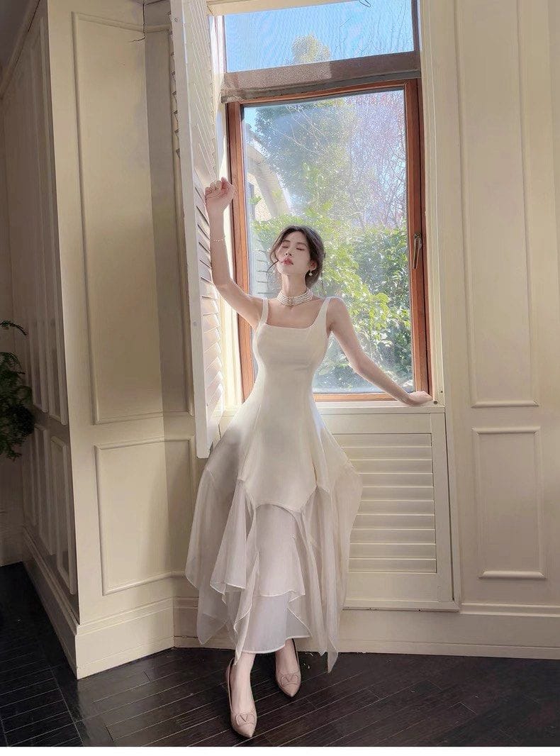 GJFD French Dress Slim Fit Patchwork Mesh Gown Square Neck