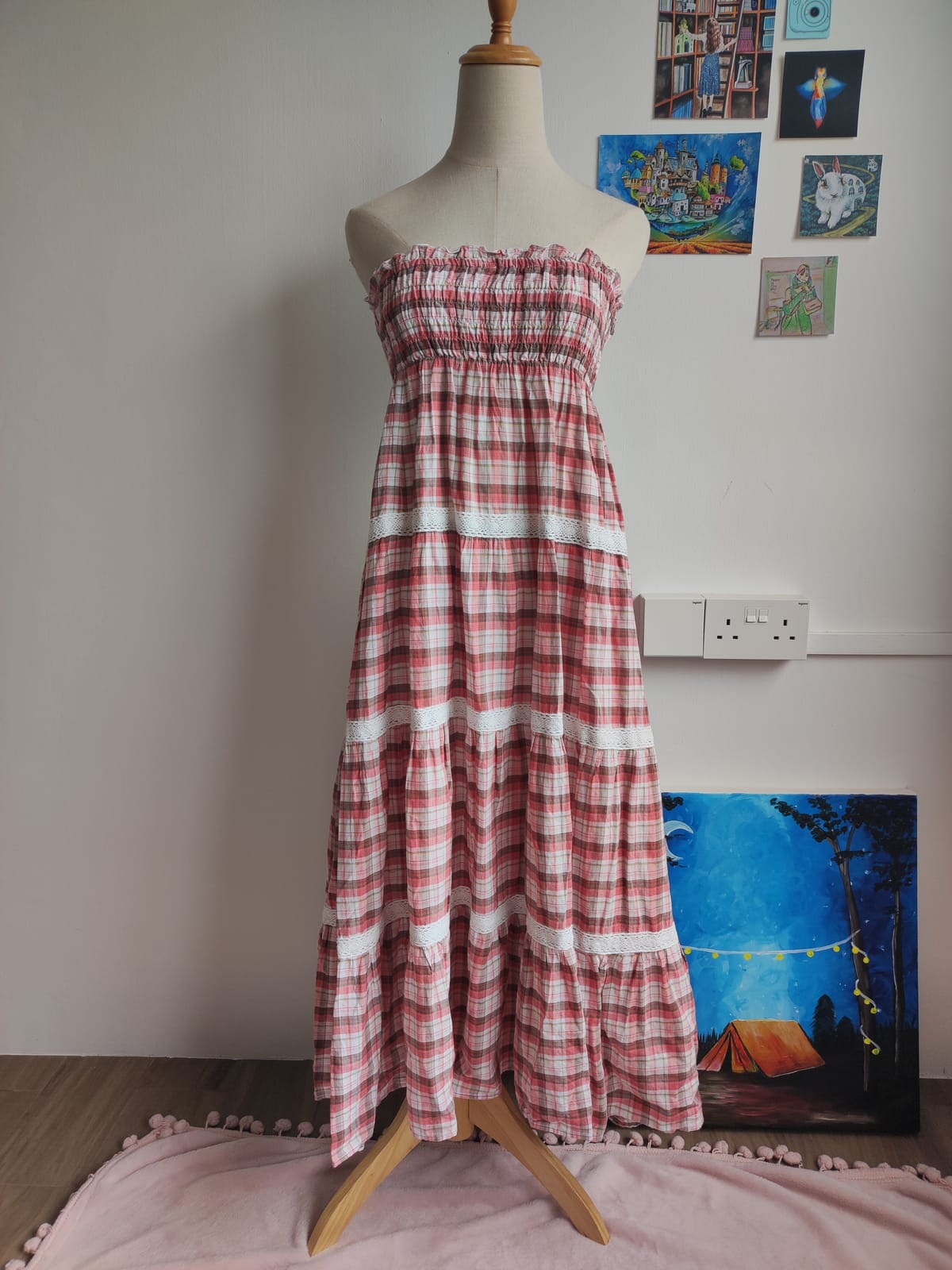 Colza Cottagecore Pink Gingham Tube Maxi Dress