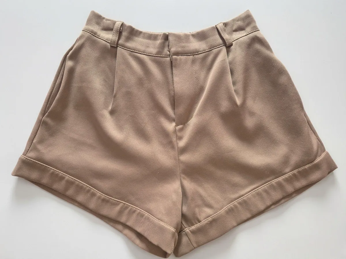 Khaki Casual Pleated Shorts Bottom Stretchable Waist