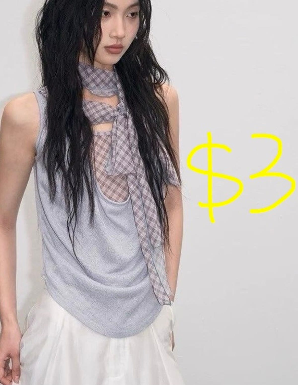 Edgy Sleeveless Top with Plaid Scarf