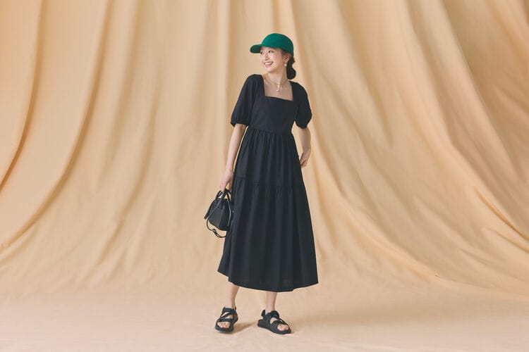 Uniqlo Linen Blend Volume Sleeve Shirring Dress - Black