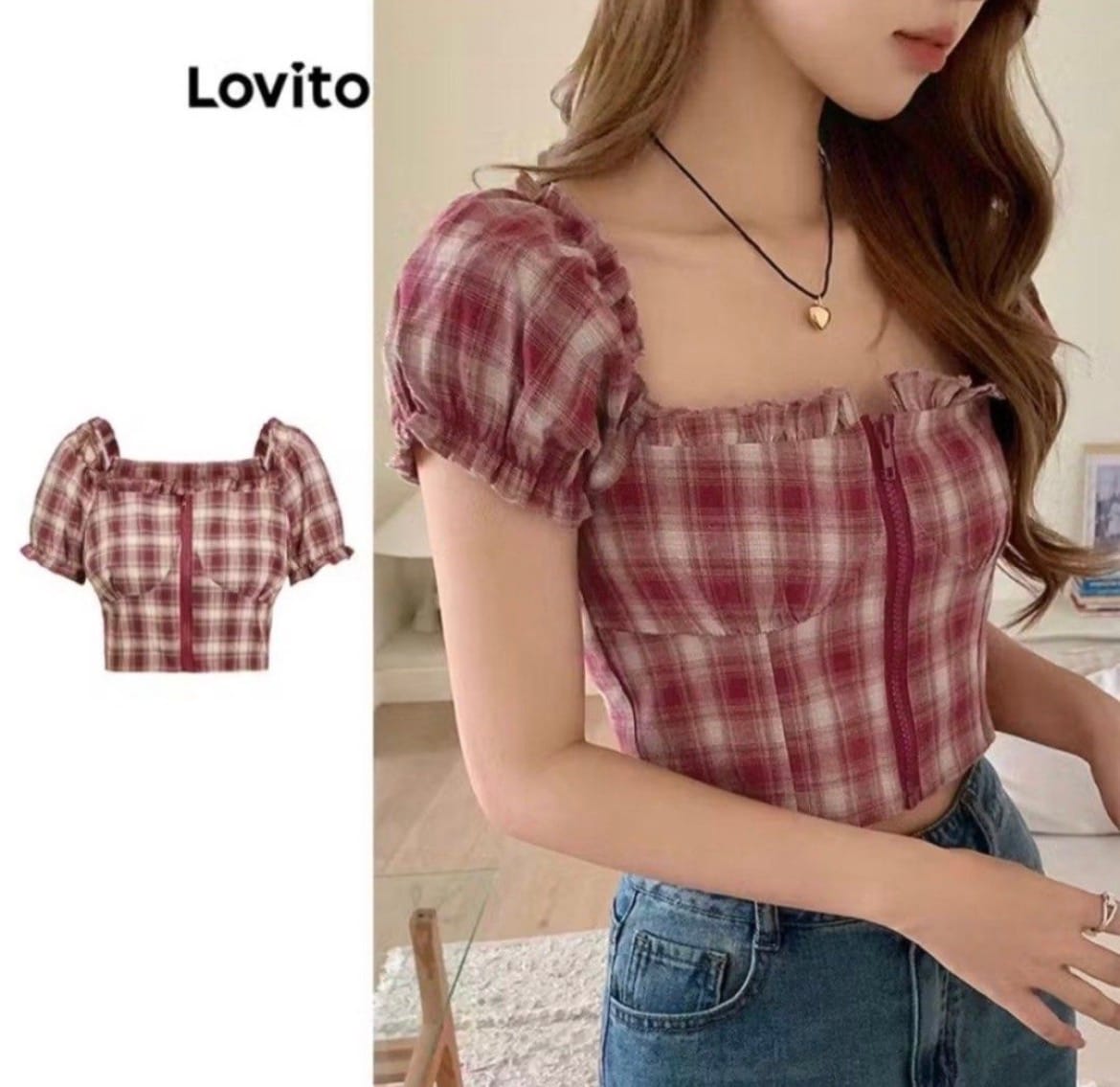 (s) lovito plaid gingham puff sleeve crop top