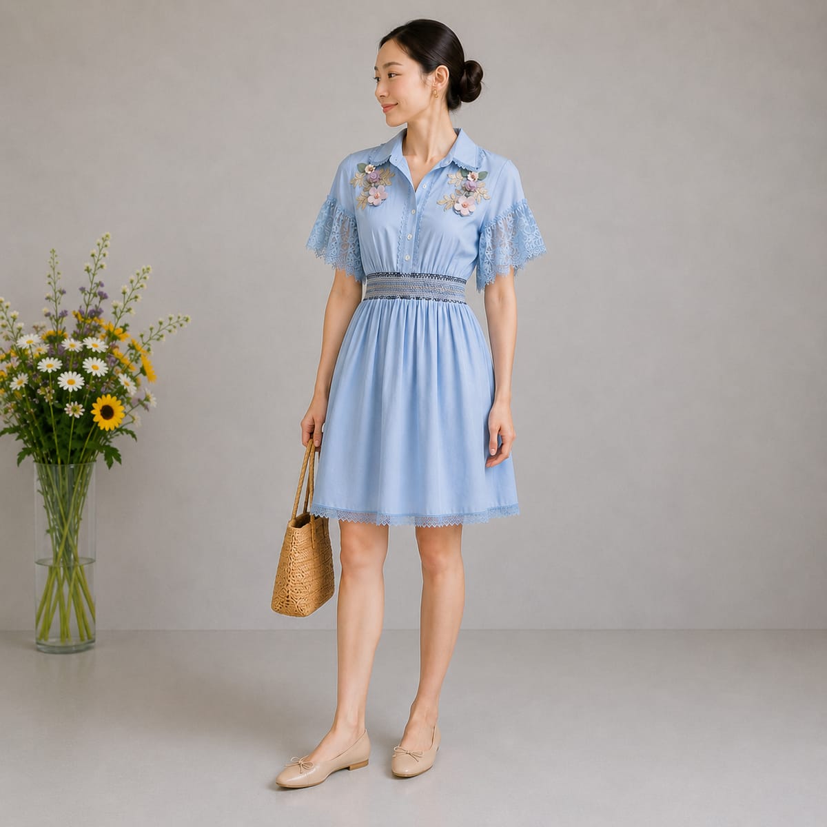 Light Blue Lace Sleeve Floral Embellished Shirt Dress