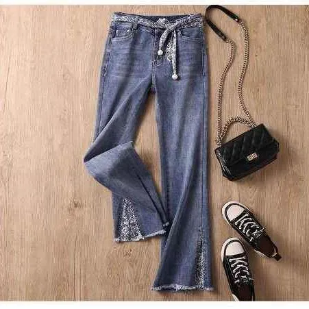 Women Premium Quality Fashion Wide Leg Bottom Trumpet Blue Denim Jeans Pants