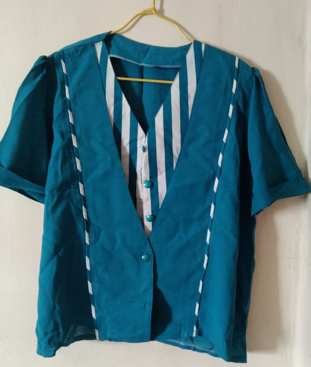 Retro Striped Teal Button-Up Blouse