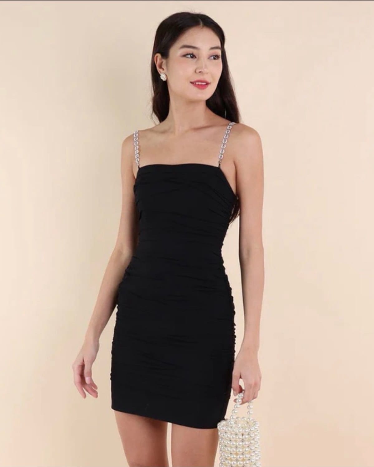 neonmello Chic Little Black Ruched Dress with Sparkly Straps