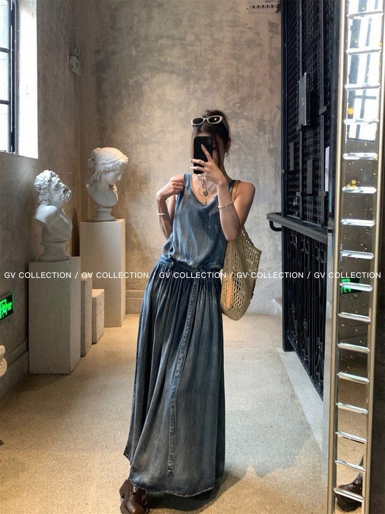 GV Collection Tencel Denim Cotton Belted Vest Dress Ruched A-Line Long Skirt for Women - Photo 6