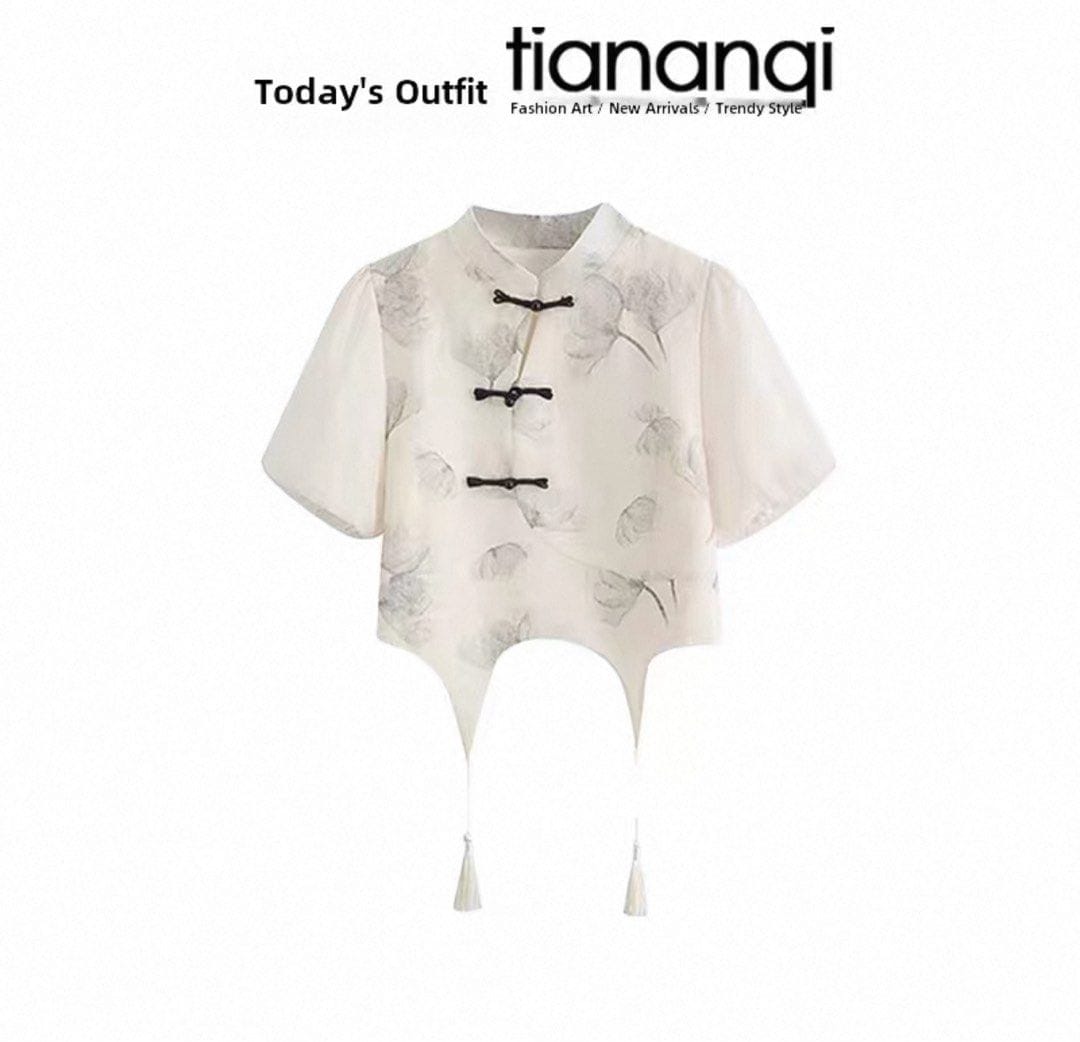 New Summer Mambo Style Buttoned Tassel Short-Sleeved Top Paired with a Skirt, New Chinese-Style National Fashion Set - Photo 2