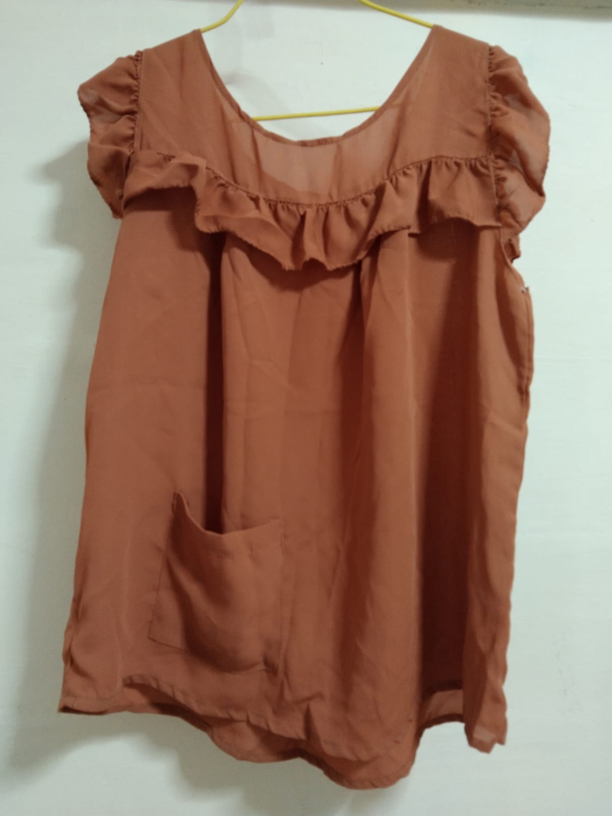 Rust Brown Ruffled Sleeveless Top with Pocket