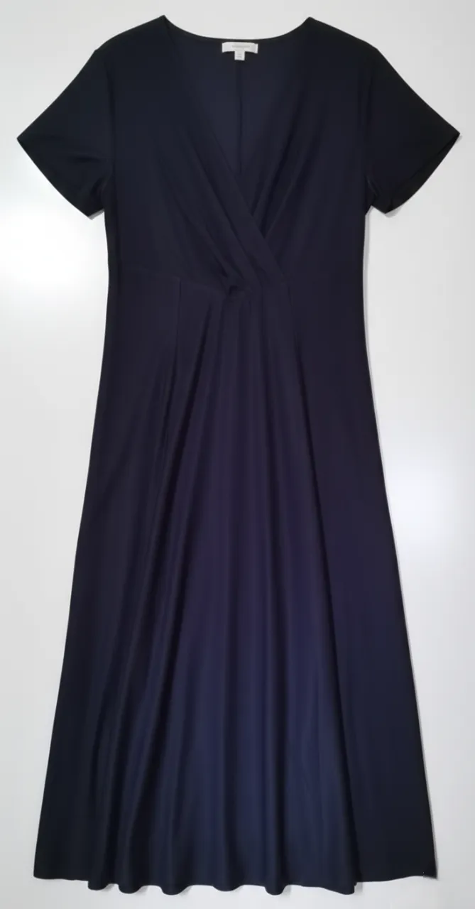 NA Dark Purple Wrap V-Neck Short Sleeve Fit-and-Flare Jersey Midi Dress