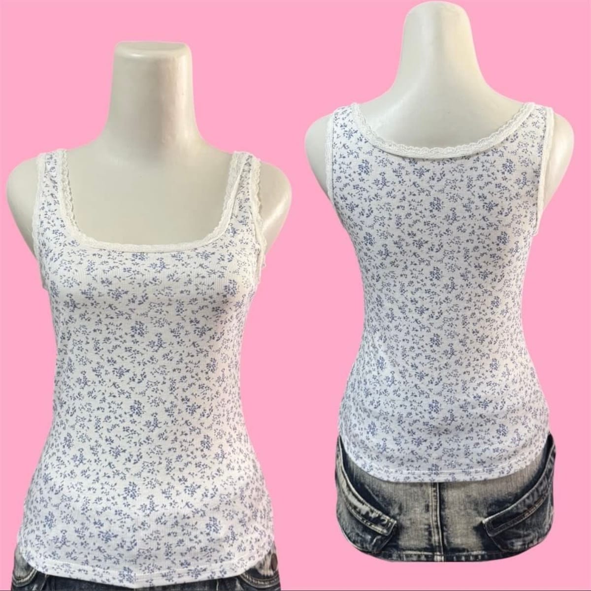 Y2K Blue Floral Tank Top w/ Lace Trim - Photo 2