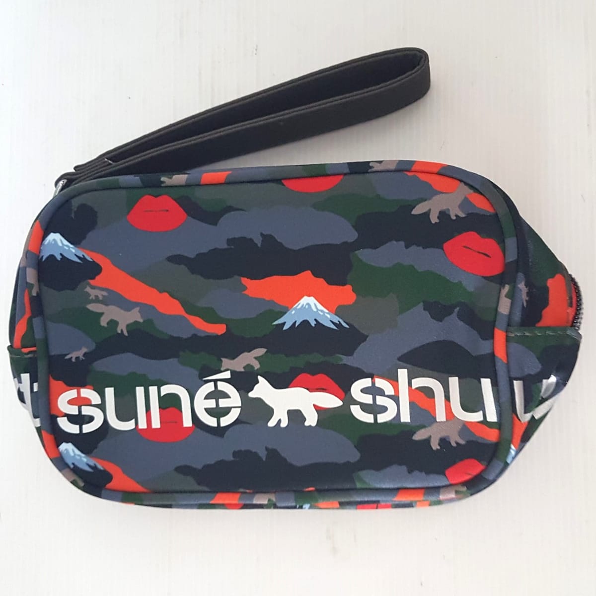 Original Shu Uemura x Maison Kitsuné Collaboration Pouch, Cosmopolitan Clutch, Limited Edition Satchel, Sleek Model, Intricate Design, Novelty Fox Lip Camouflage 2019, Sophistication, Streetwise, Cosmetic Bag, Toiletry, Luxury Living, Cult Street Fashion