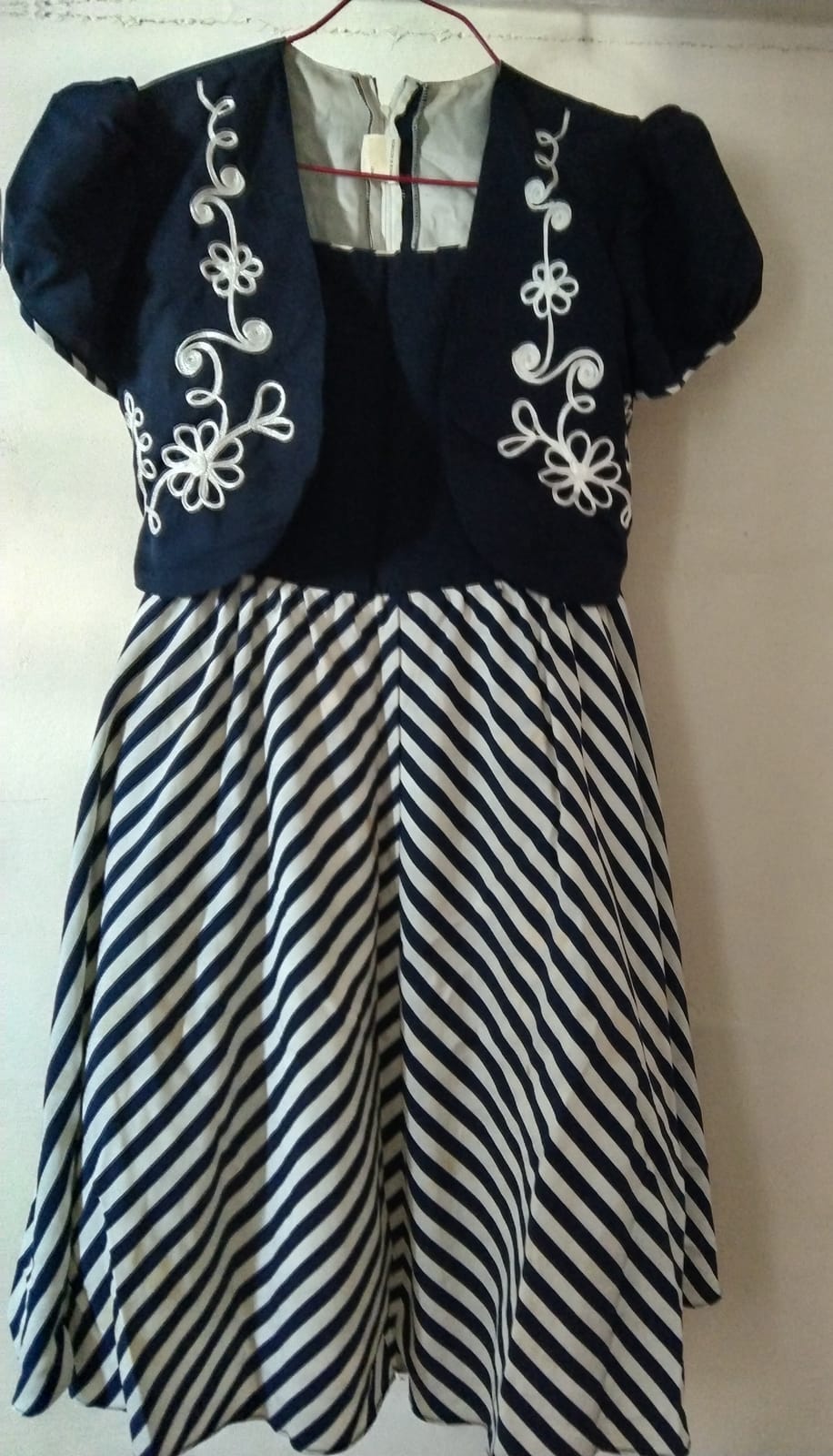 Striped Navy Dress with Embroidered Bolero