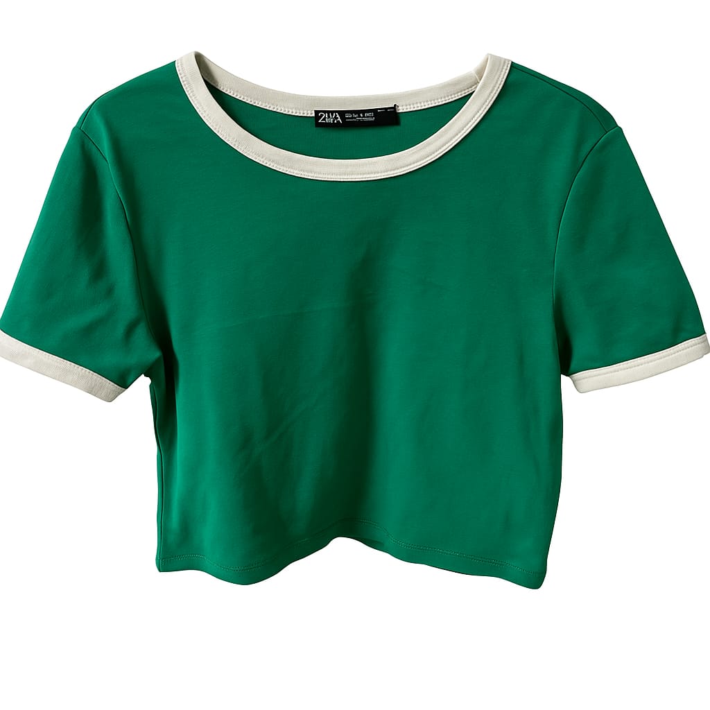 ZARA Green Cropped Round-neck Ringer Top (M)