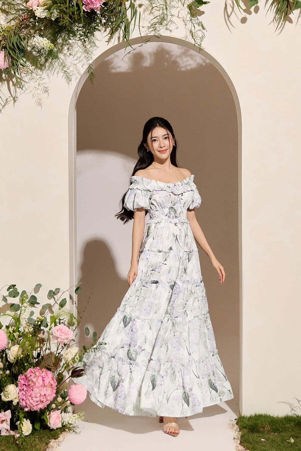 Chello Violette Off Shoulder Maxi Dress in White Whispering Lilac Grove
