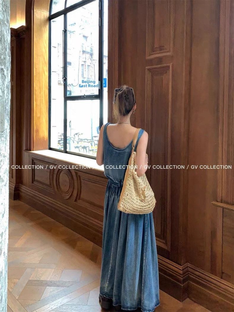 GV Collection Tencel Denim Cotton Belted Vest Dress Ruched A-Line Long Skirt for Women - Photo 5