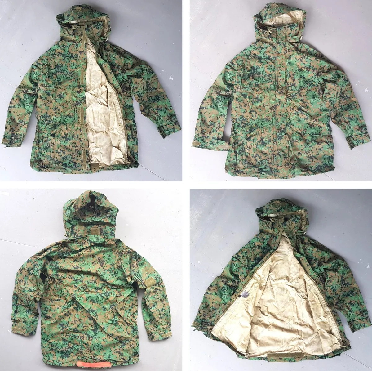Retro Camouflage Raincoat with Drawstring Bag, LARGE, Hoody Rain Jacket, Waterproof CAMO Coat, Outerwear, Gore-Tex Jacket, Double Security, Zipper & Velcro Front, Back with Luminous strap, Adventure Gear, Hiking, Trekking