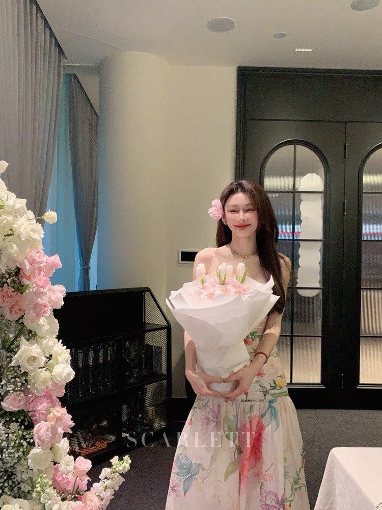 Scarlette HEHE Studio | Falling Flower Bloom French Suspender Skirt | Dress | Long Dress - Photo 3