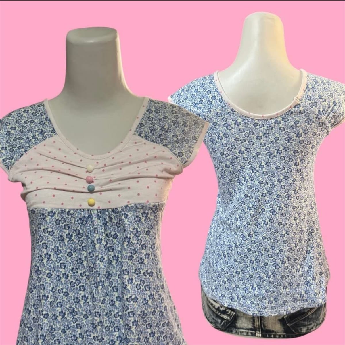 Cottagecore Blue Floral Babydoll Top w/ Pastel Buttons - Photo 2