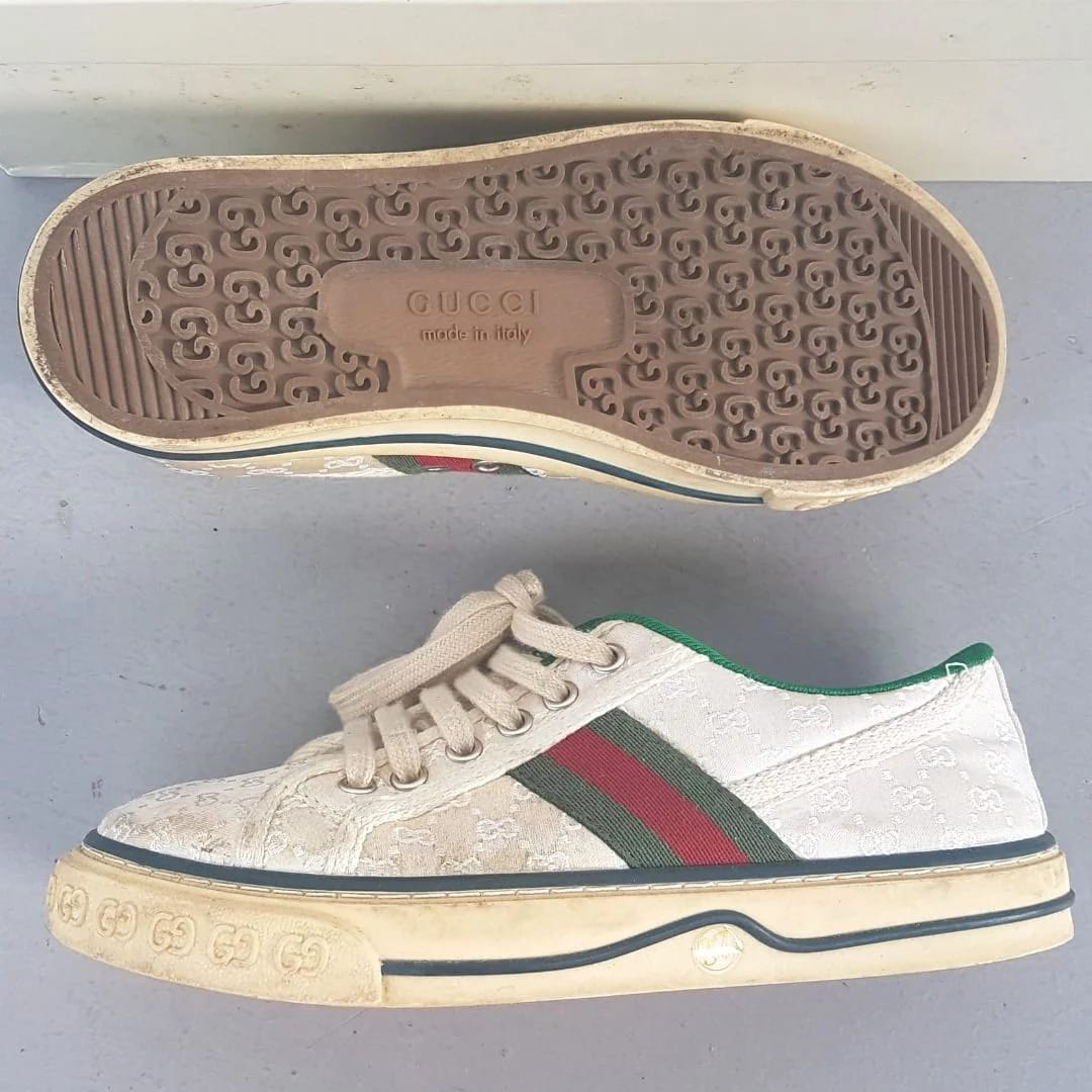 Luxury GUCCI Tennis 1977 Sneakers, made in ITALY, Size 37, Cool GUCCI Monogram, Retro Off-White Low-Cut Shoes, GUCCI Red & Dark Green Colors - Photo 5