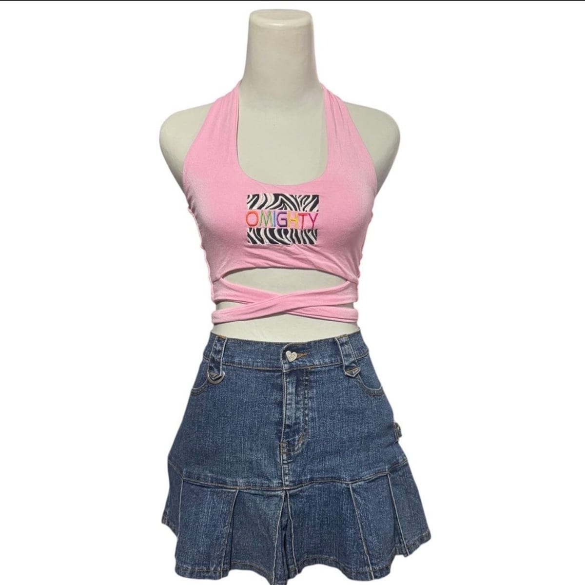 Omighty Pink Halter Crop Top w/ Zebra Detail - Y2K Vibes
