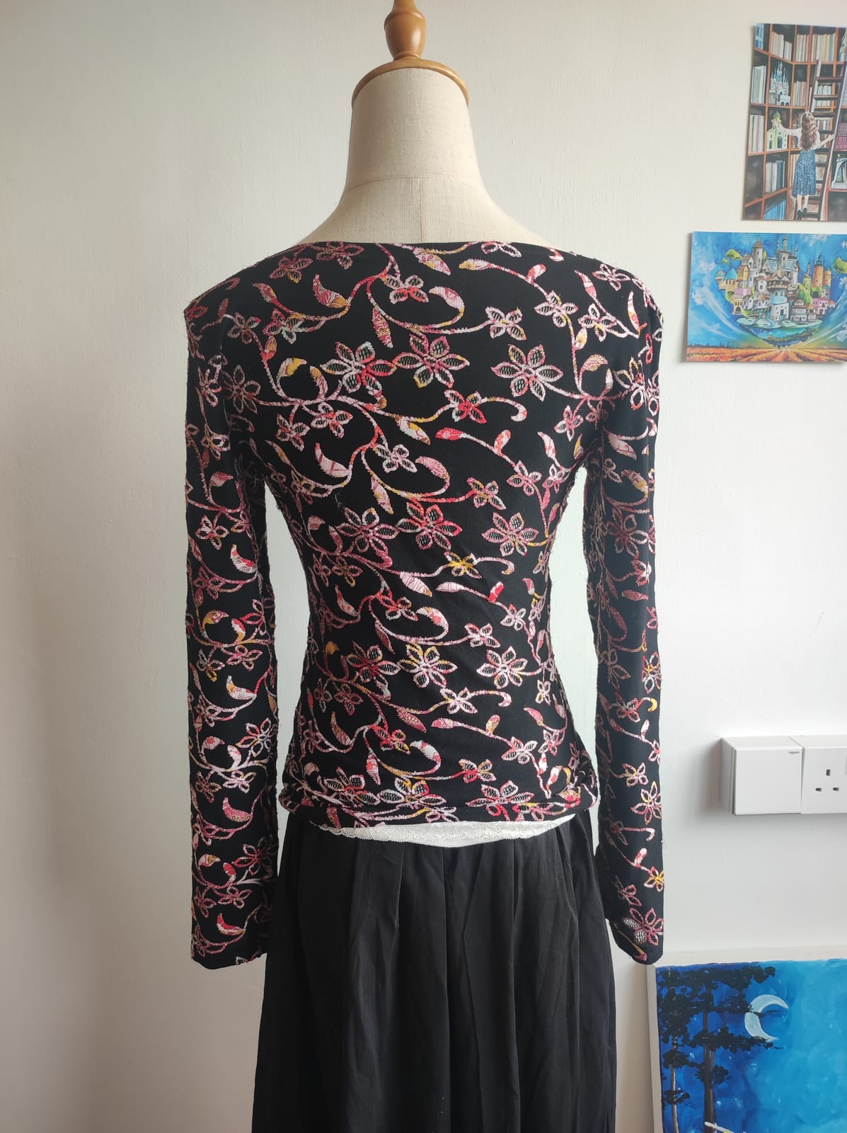 Black Floral Embroidered V-Neck Long Sleeve Top - Photo 2